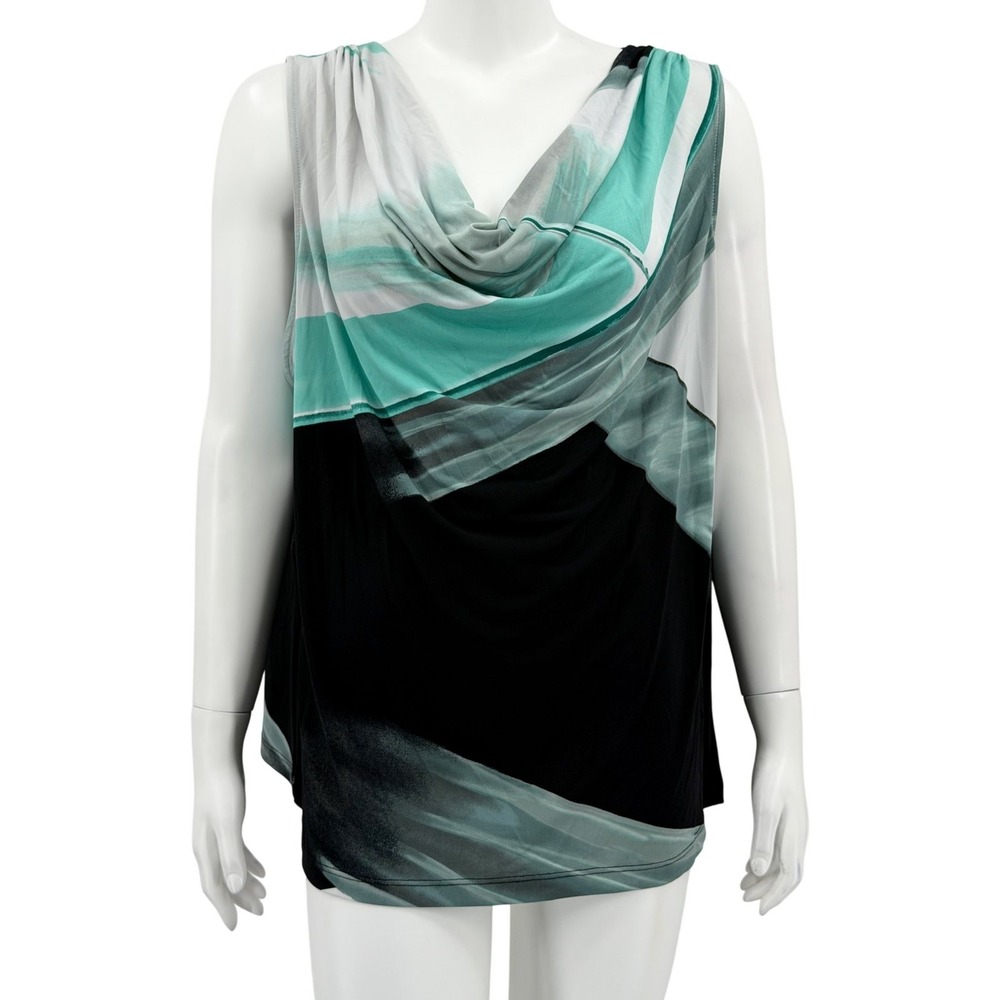 Calvin Klein Top Womens 2X Green Black Abstract Cowl Neck Stretch Office Artsy